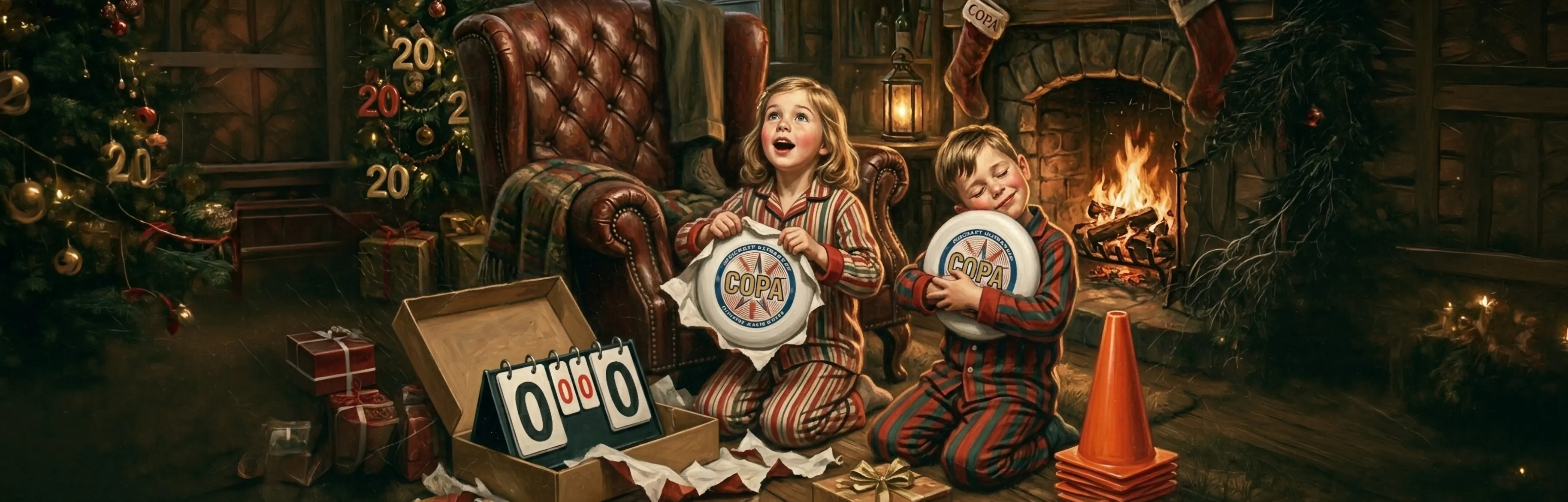 Two children in striped pyjamas unwrap Copa discs by the fireside on Christmas morning, one gasping with delight, the other hugging the disc, beneath Santa's empty armchair and a tree hung with 20 baubles. A flip scoreboard reading 0–0 sits in an open box beside a stack of orange cones.