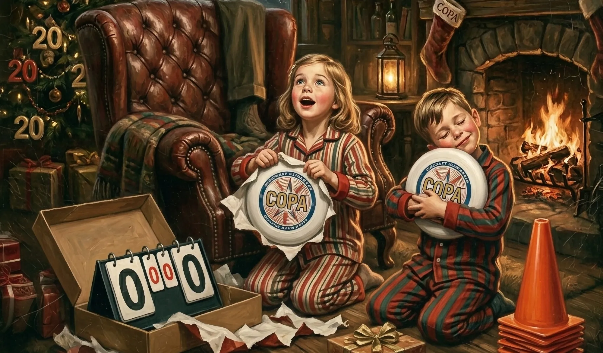 Two children in striped pyjamas unwrap Copa discs by the fireside on Christmas morning, one gasping with delight, the other hugging the disc.