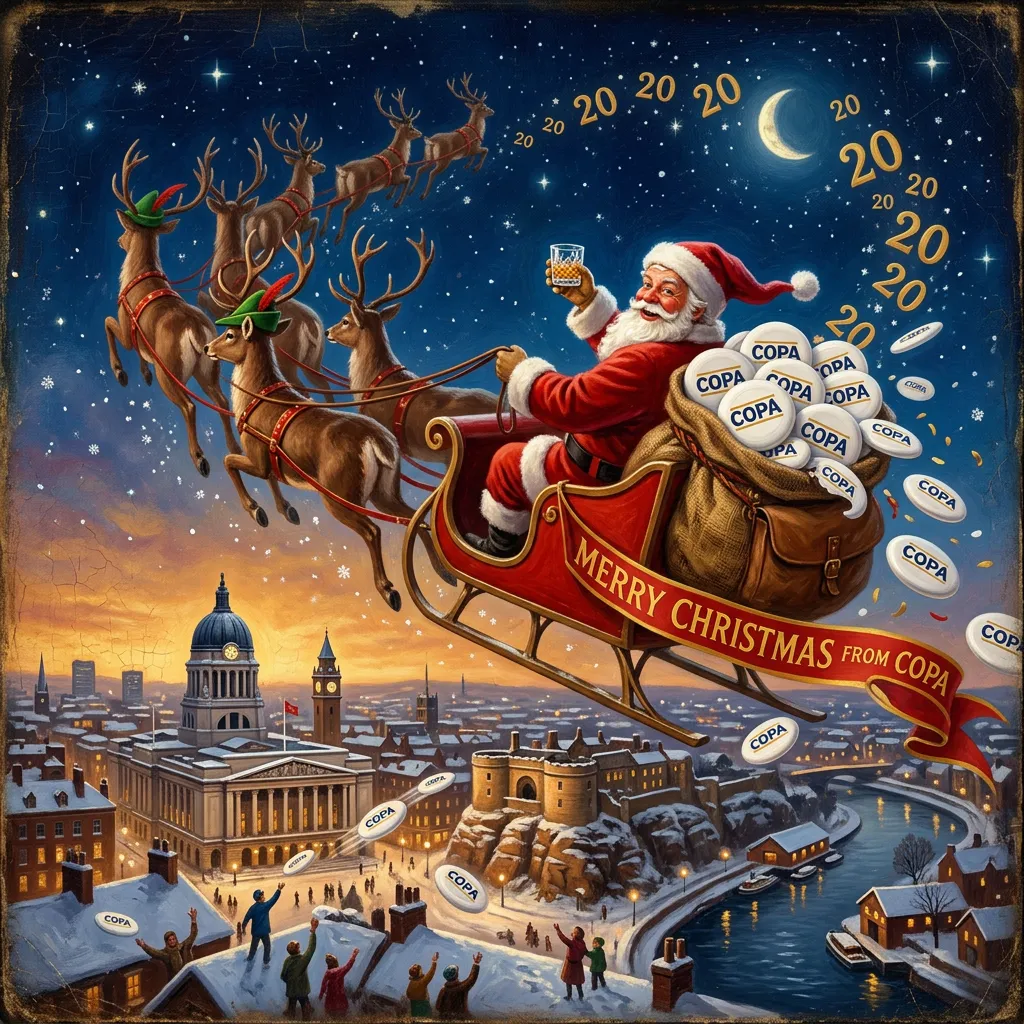 Santa's sleigh flies through a starry dusk over Nottingham's Council House and castle, a sack of Copa discs spilling over the rooftops and golden 20s trailing behind, while people below reach up to catch them.