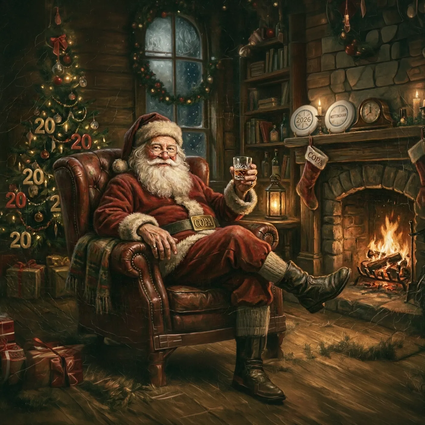 An oil painting of Santa on his night off: he lounges in a leather armchair by a roaring fire, raising a glass of whisky, his belt buckle reading COPA. The Christmas tree beside him is hung with gold and red baubles shaped like the number 20.